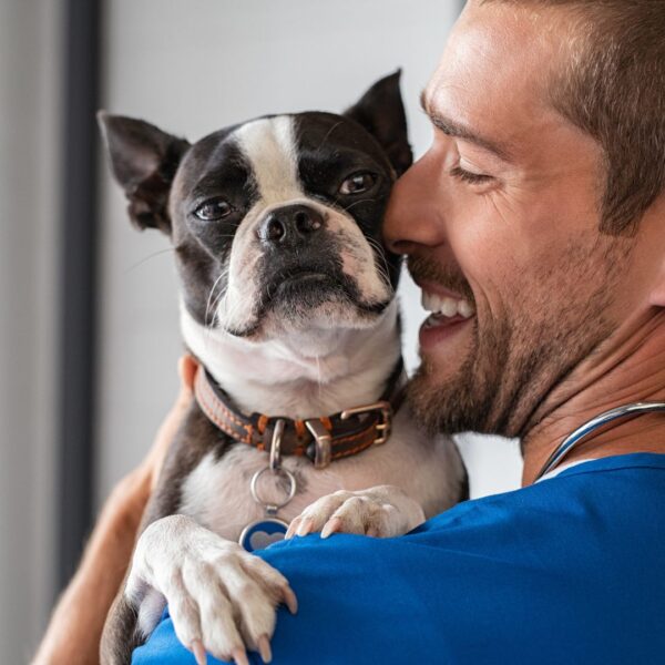 vet with happy dog