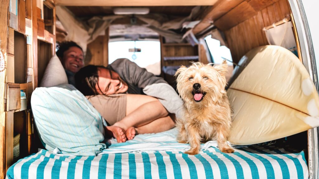 a family and their dog in the backseat of a camper van