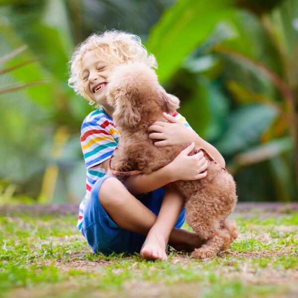 child hugging dog