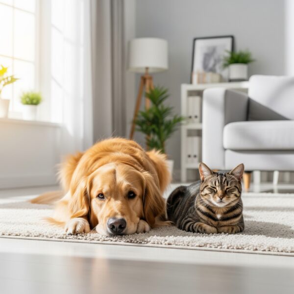 A calm adult dog and a relaxed cat, symbolizing the importance of balanced nutrition for grown pets.