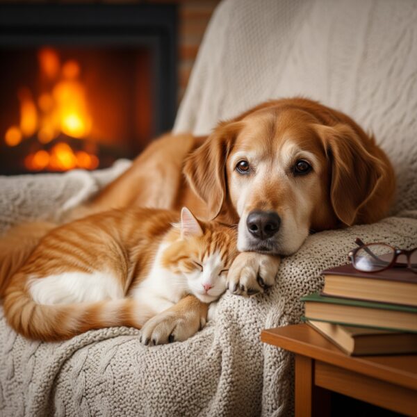 A wise senior dog and a cozy senior cat, representing care and support for aging pets.