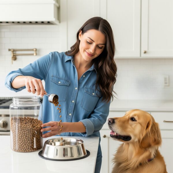A person carefully scooping specialized food for their pet into their bowl, and the pet eagerly waiting nearby