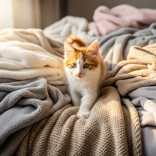 A kitten calmly explores a pile of soft blankets.