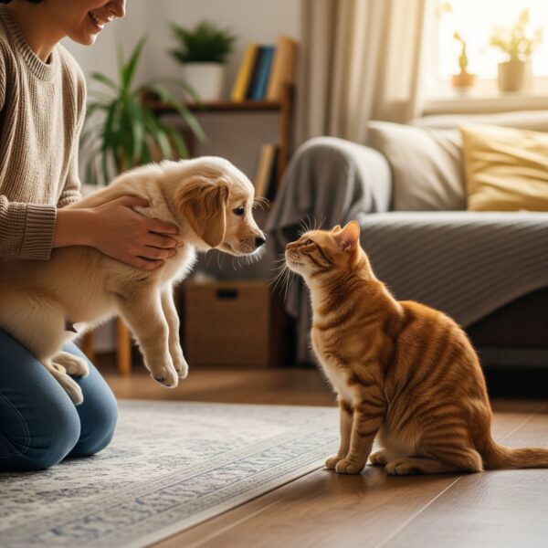 A person gently introducing a puppy to a friendly cat.