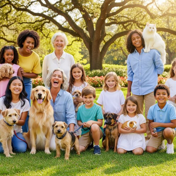 A diverse group of adults and children smiling outdoors with their pets.