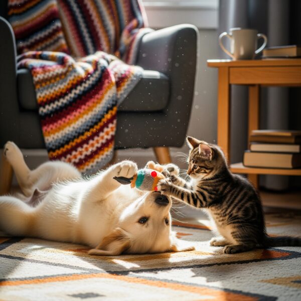 A puppy and a kitten play happily on a living room rug.