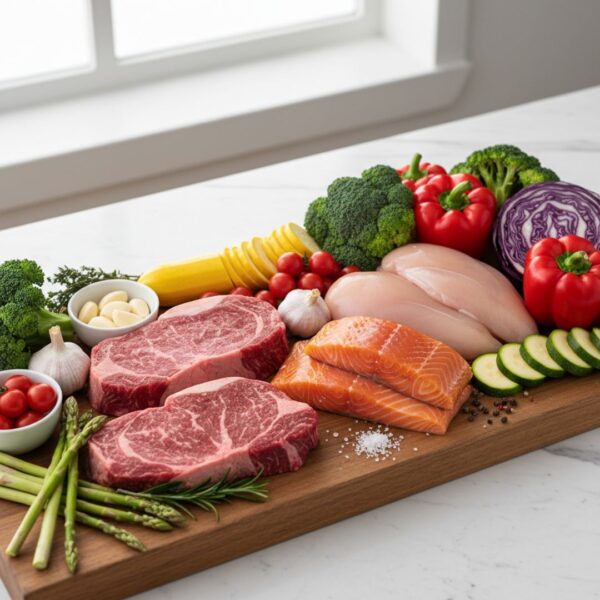 A variety of natural ingredients, including meats and vegetables, are presented in a clean arrangement.