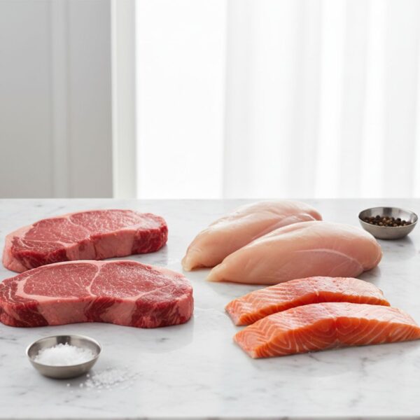 Fresh, raw cuts of lean, high-quality meat are laid out on a professional surface.