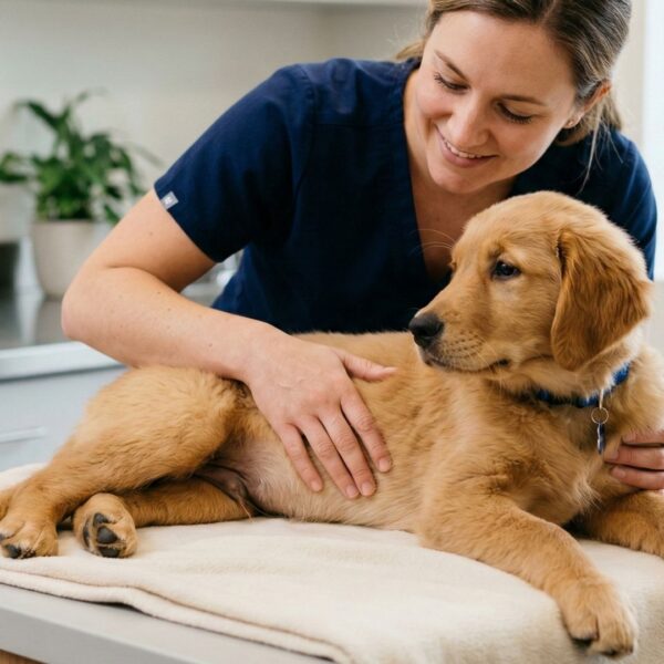 A puppy receiving a gentle pat, symbolizing healthy digestion.
