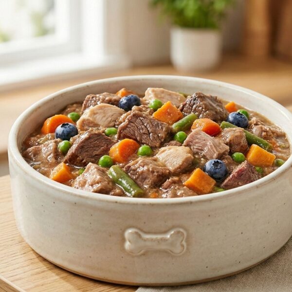 Nutritious wet dog food pâté with visible natural ingredients.